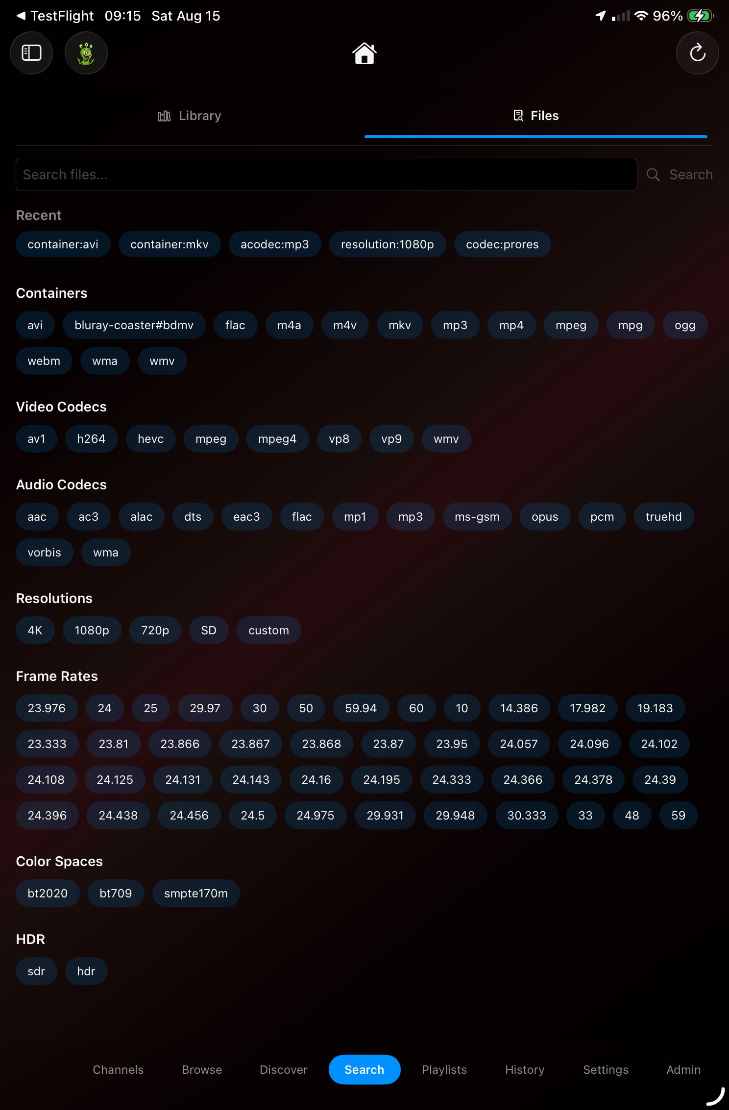 ShowShark Player file search with technical filters and media details.